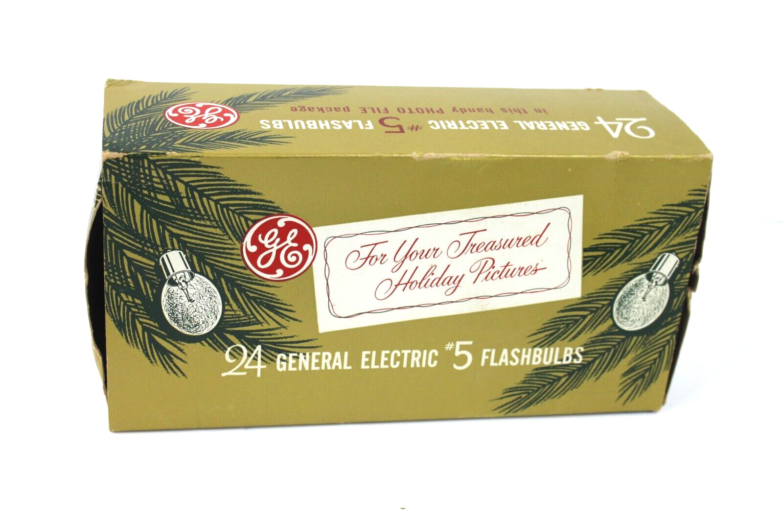 NOS GE #5 Flash Bulbs in Vintage Holiday Photo File Box, 15 bulbs total