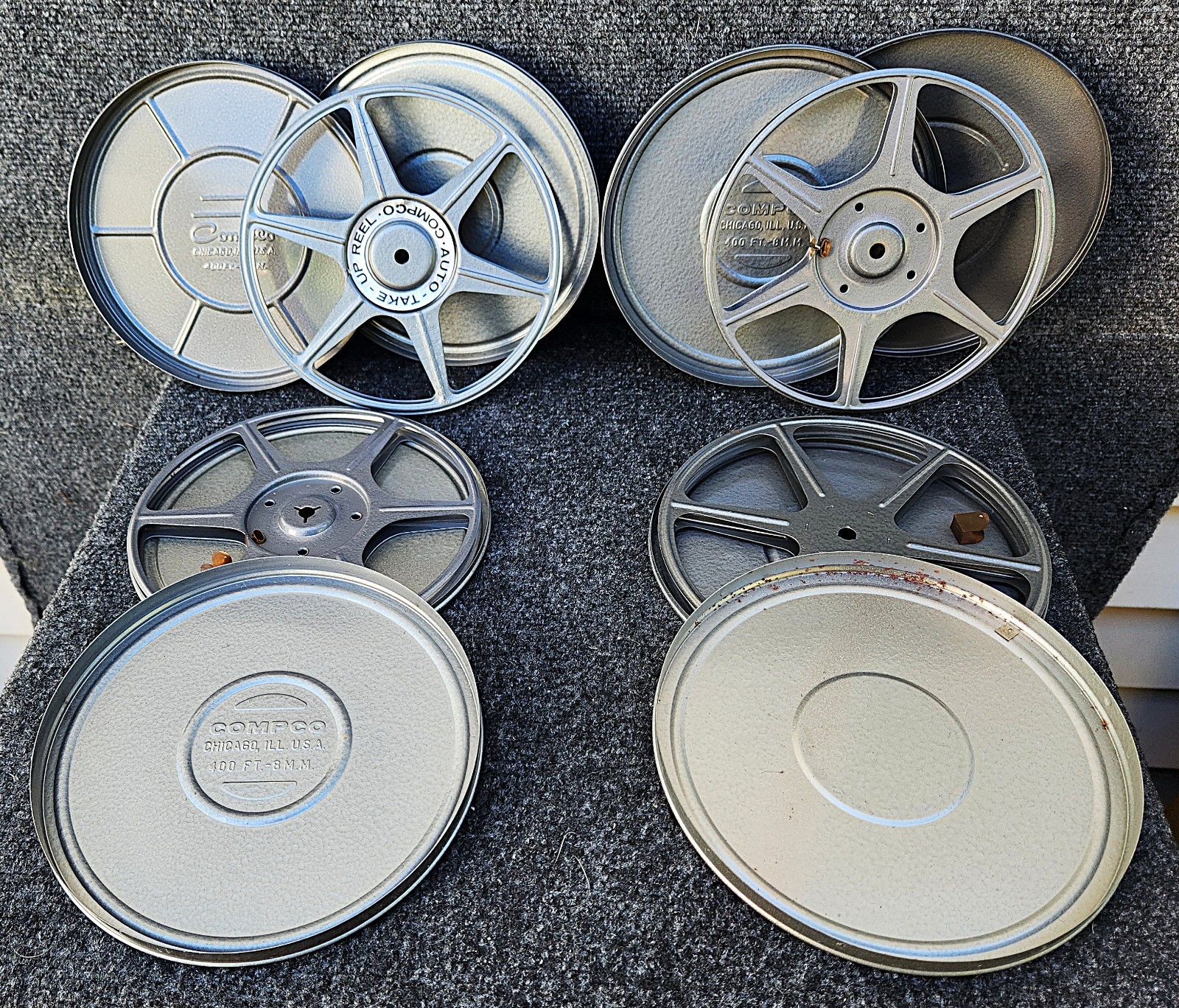 LOT 4 Vintage Gray Metal 8 MM 5 ” Film Cans & Reels [3 COMPCO + 1 Other] (VGUC)
