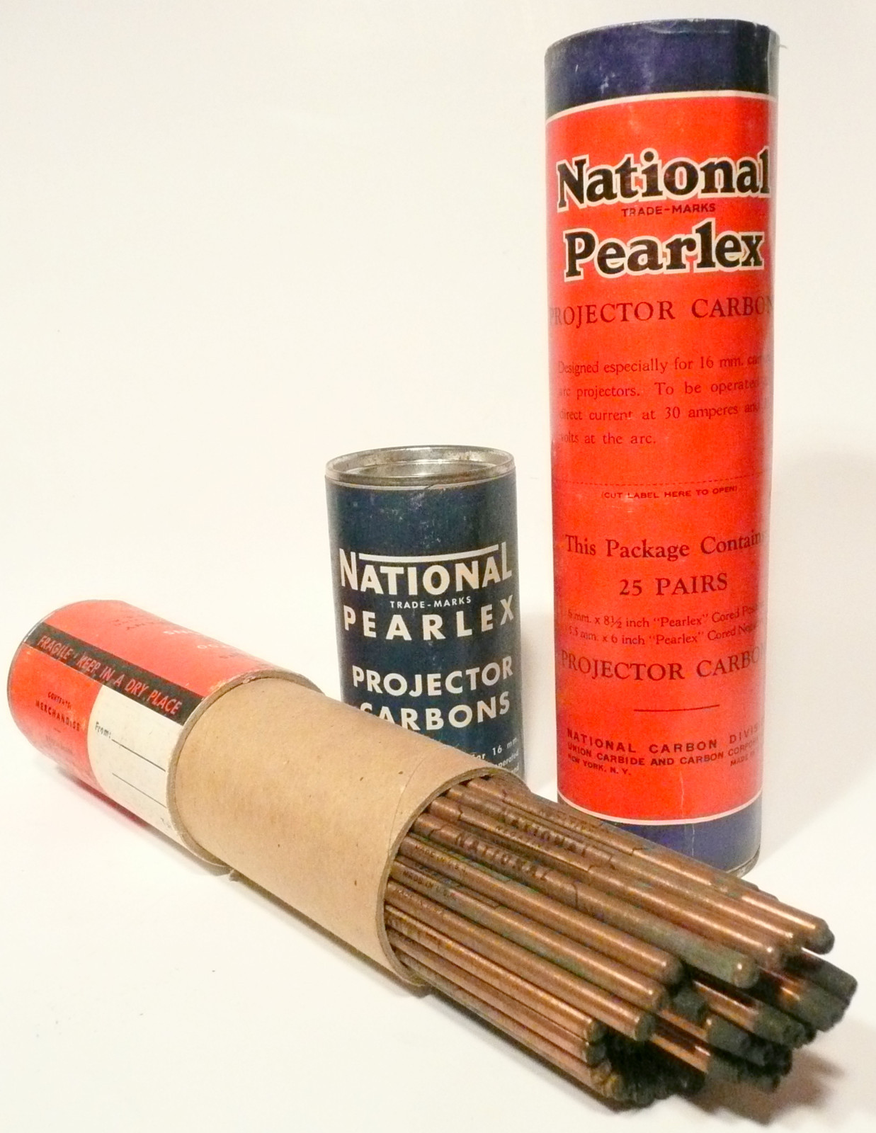 CARBON ARC RODS for 16mm AMPRO ARC FILM PROJECTION – 1 BOX of 25 PEARLEX PAIRS