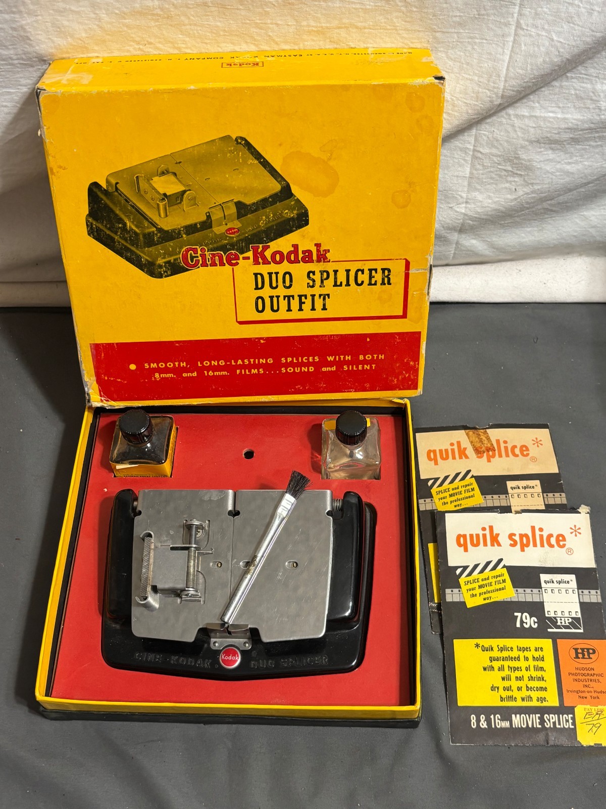Vintage CINE-KODAK DUO SPLICER Outfit 8mm 16mm Film + Box Jars extras