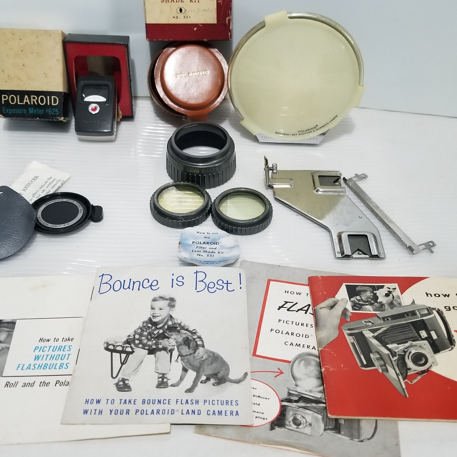 Vintage Polaroid Camera Accessories Lens Lot Meter Flash Etc.
