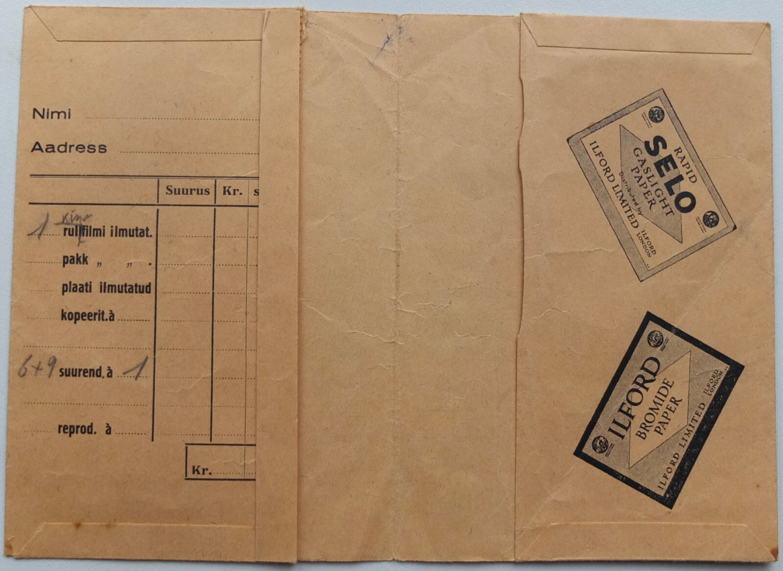 Ilford London Advertising Envelope for Photos & Films Estonia Tartu 1920-30’s