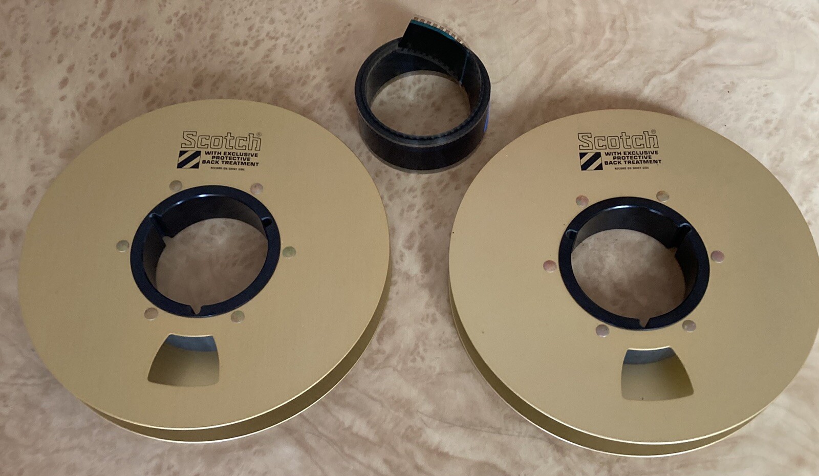 (2) – 1” Empty Vintage Scotch Gold Metal Video Take-up 9” Reels Media Room Decor