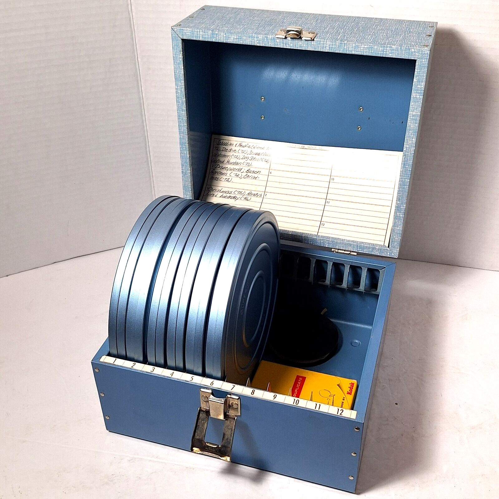 8mm Film Storage Case Box with 12 Slots & 6 Metal Reel Canisters Vintage 1960s