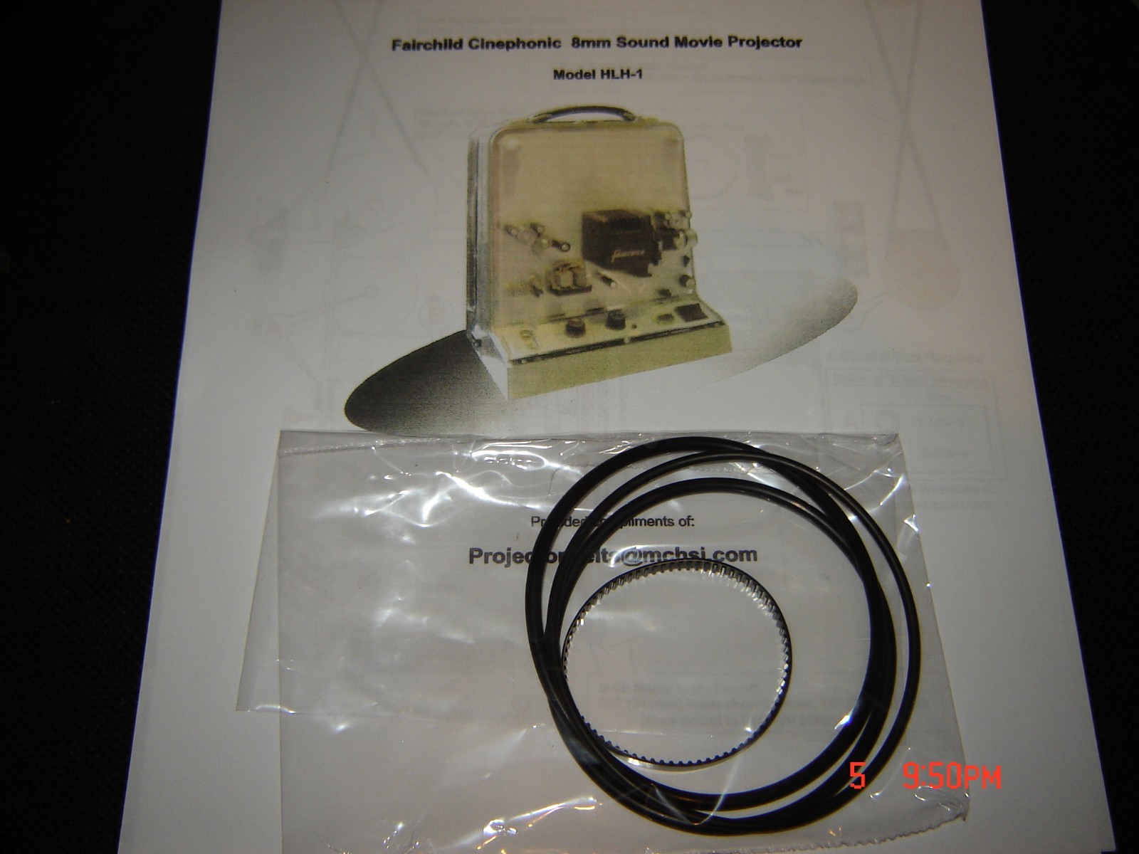 8mm FAIRCHILD Cinephonic 8 HLH-1 Projector Belts, 4 Belt Set,& Instructions,New
