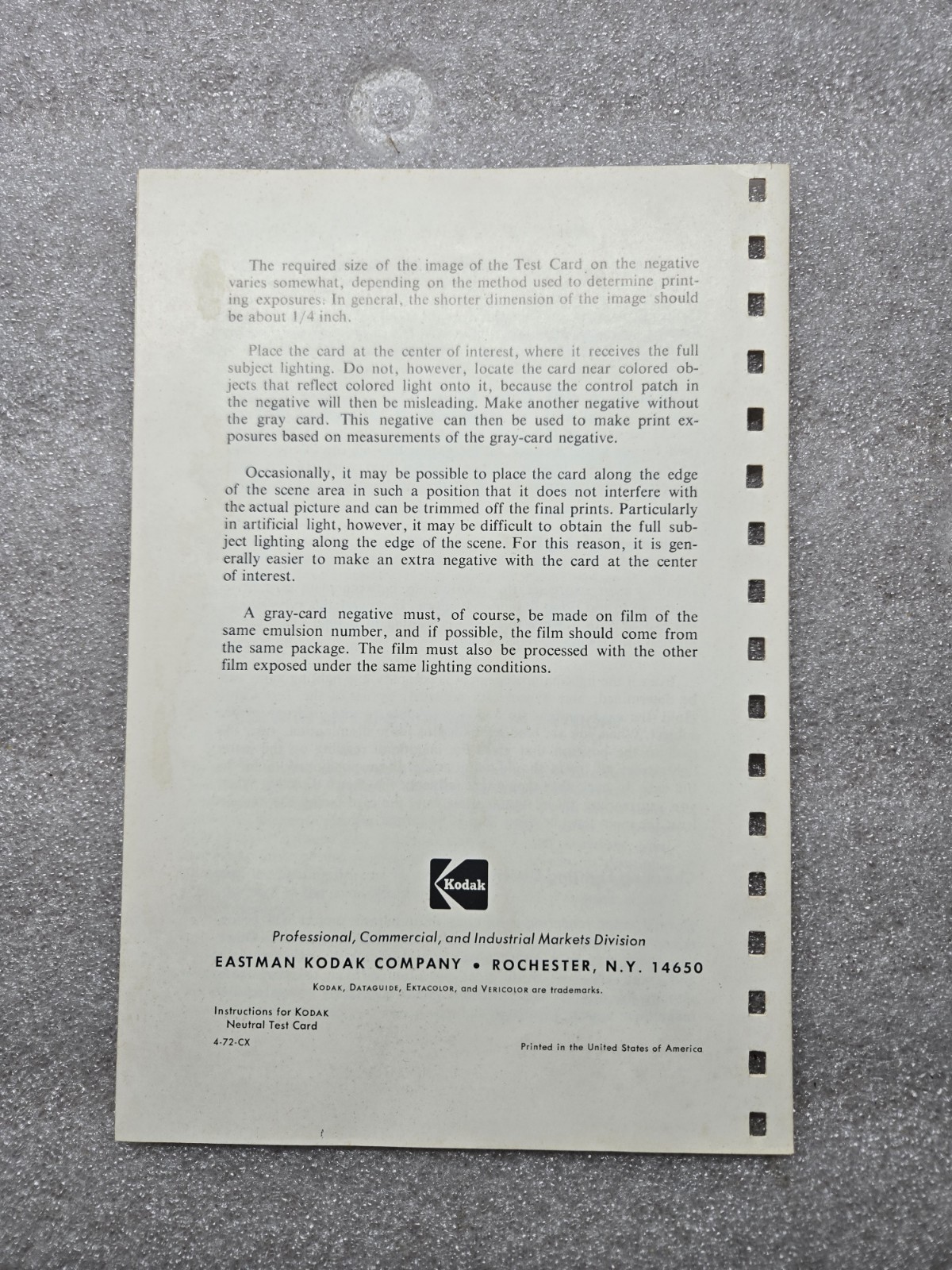 Vintage 1974 Kodak Neutral Test Card Cat 152 7995 4 Card & Complete Instructions