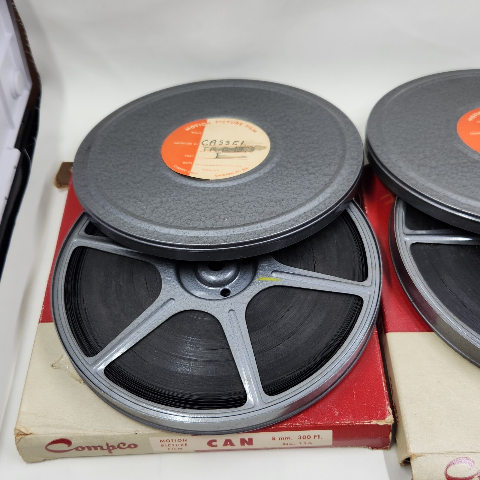 Pair of 8mm Film Reel 300ft Vintage and Tin Metal Case
