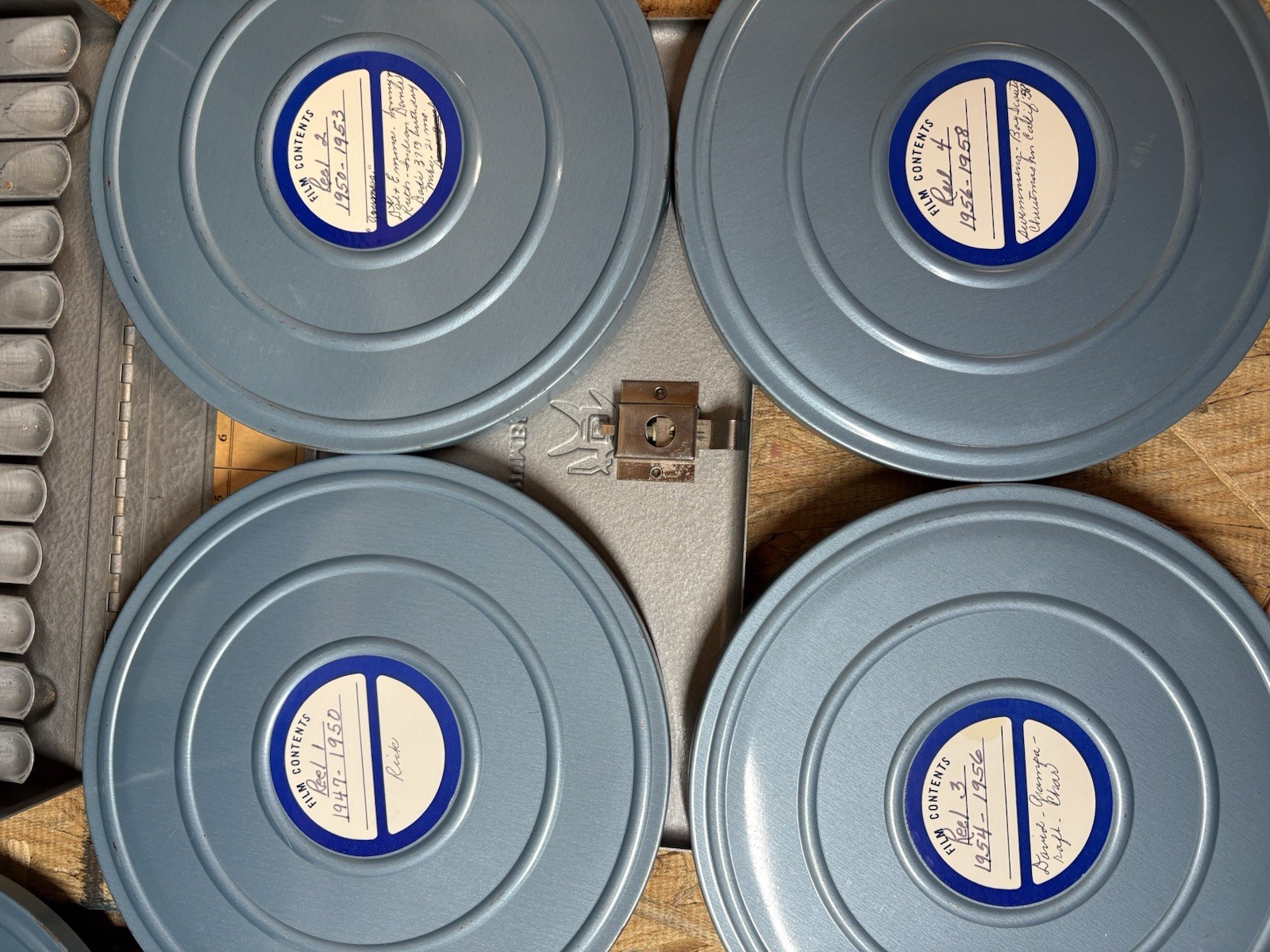 Vintage Brumberger 7” Film Metal Reel Box With Four 1940-50’s 8mm Movies
