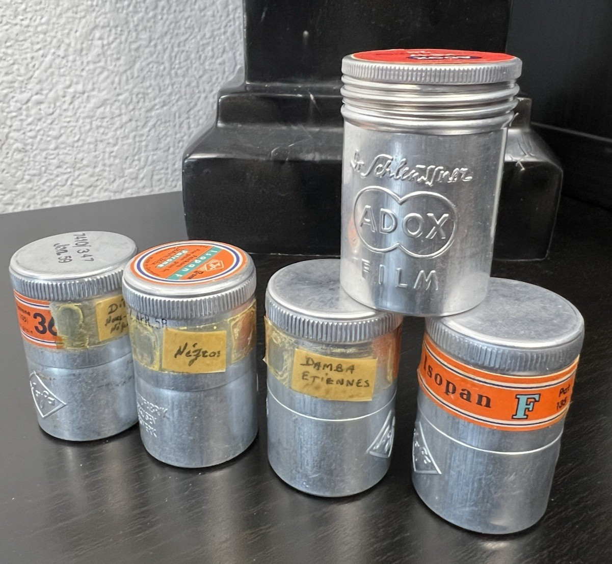 Vintage 5 aluminium 35mm film canisters ADOX and Isopan w/ Developed Film