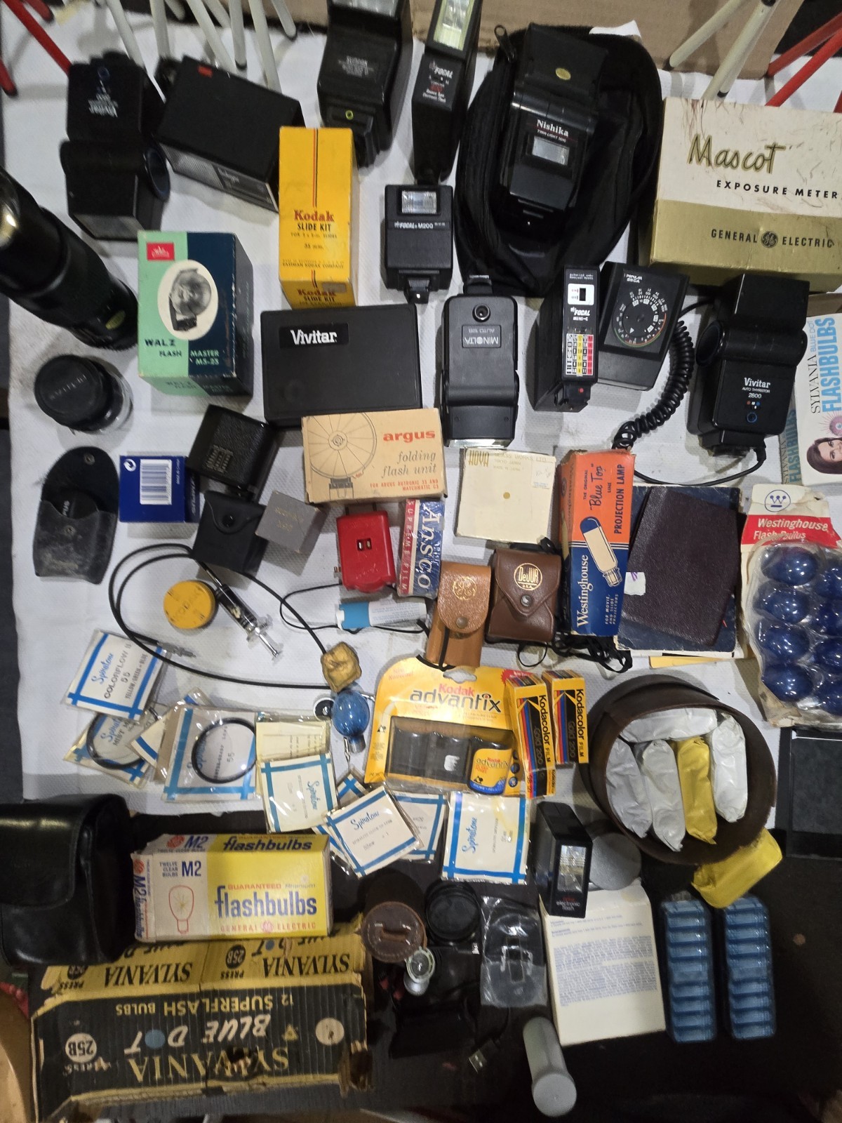 Huge Vintage Camera Accessory Lot Flashes Film Meters Filters Tripods Manuals