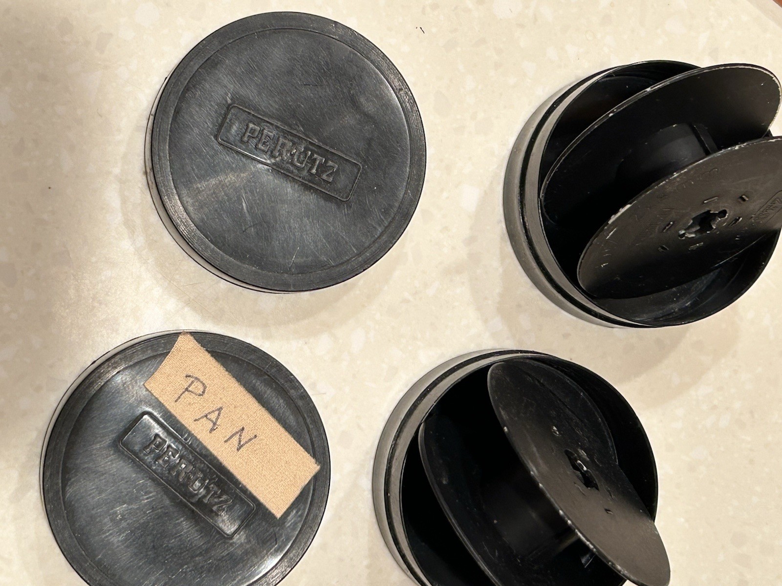 Vintage Perutz 1 Metal/ 2 Plastic Film Tin Canister 2” Container – Lot Of 3