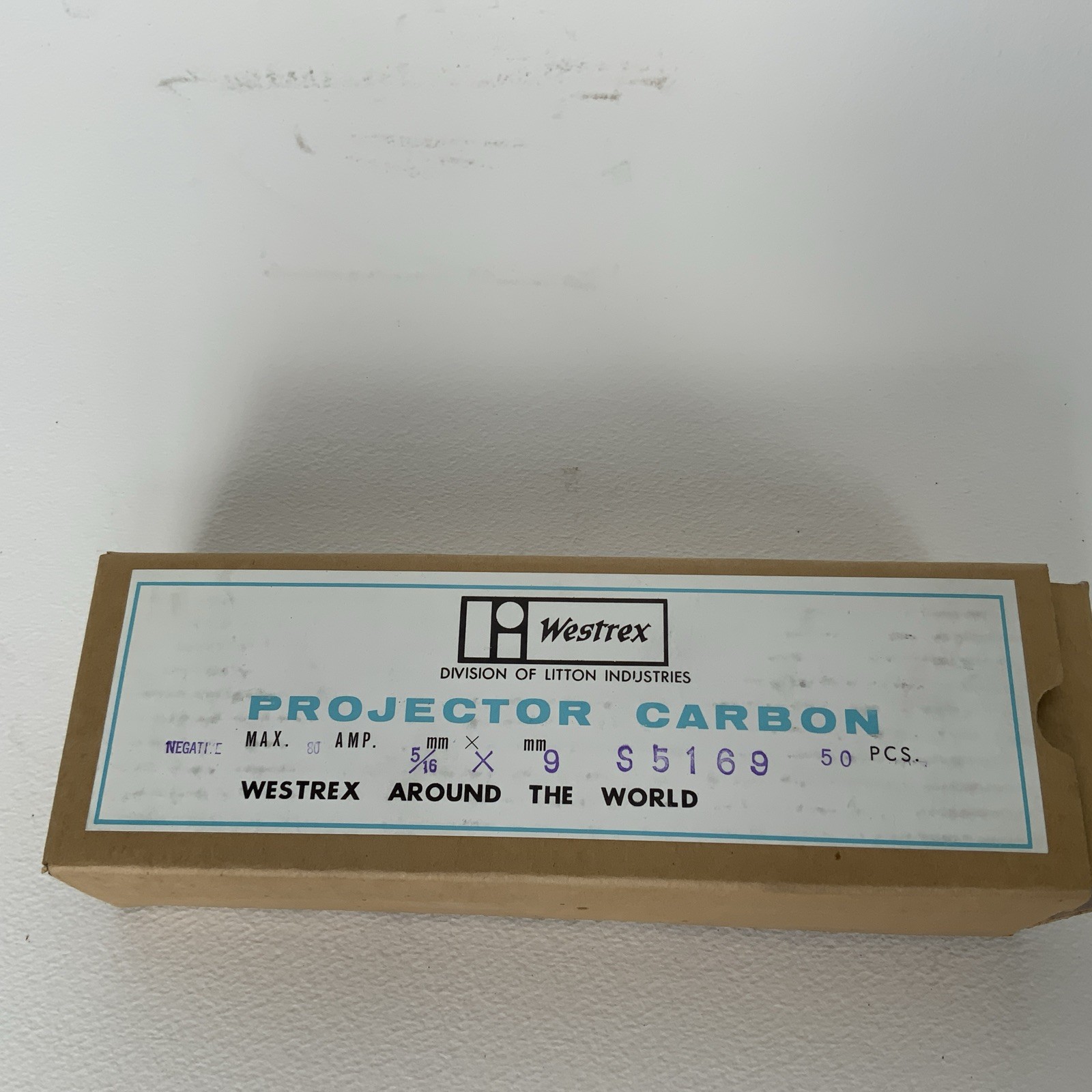 Westrex projector CARBON ARC RODS- 1 BOX of 50 5/16 X 9” negative copper S5169