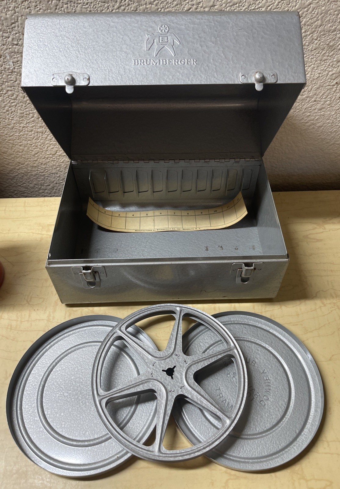 Brumberger Reel to Reel Latch Metal Storage Case + 1 Empty Case & Reel VINTAGE