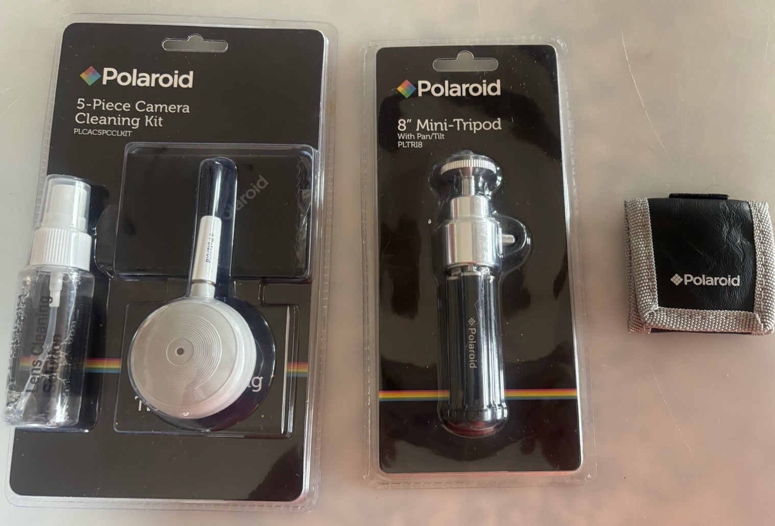 Vtg Polaroid Accessory Lot 5 Pc 8″ Mini Tripod Camera Cleaning Kit Vinyl Pouch