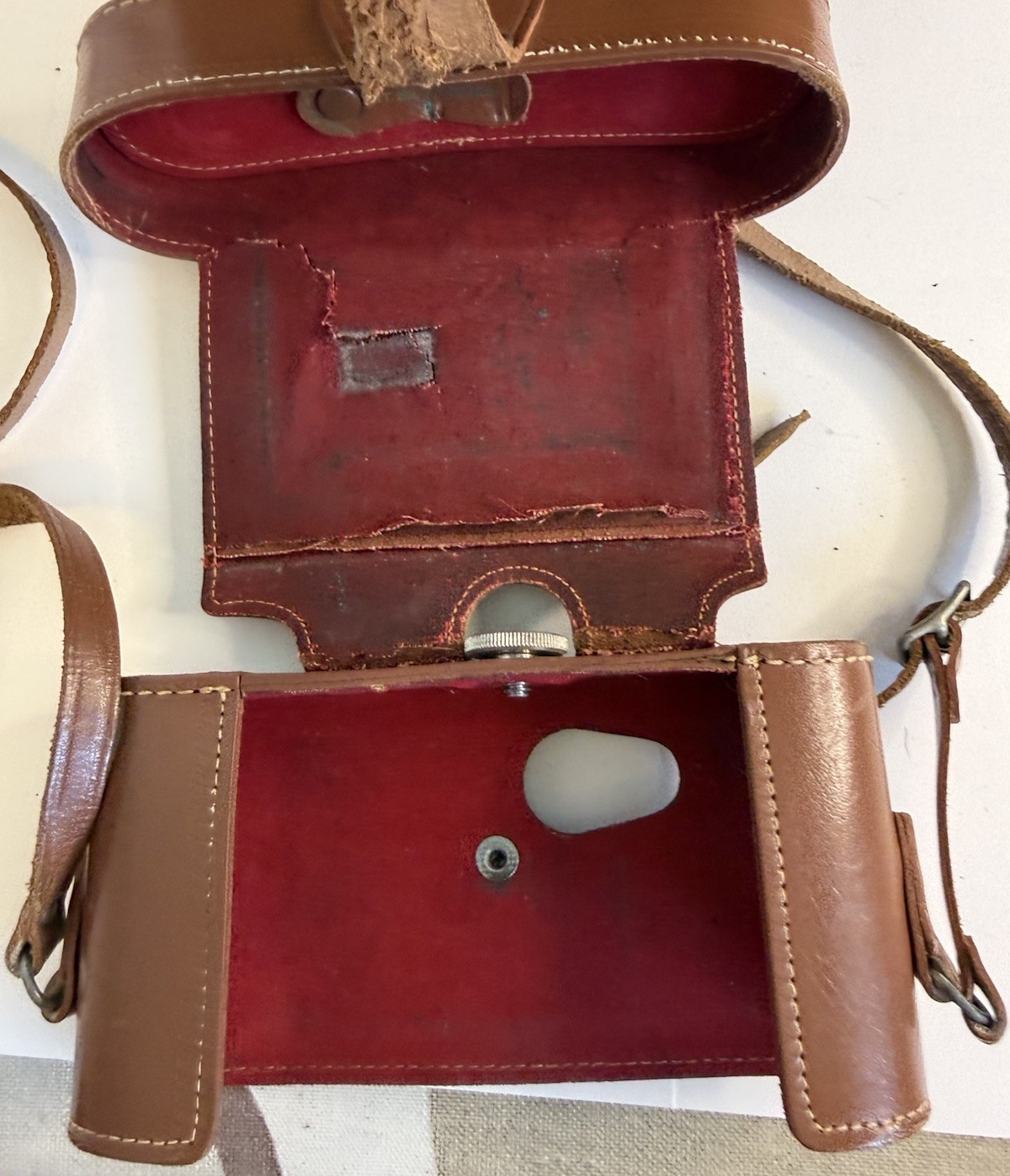 Pair Vtg Ampro & Ansco Brown Camera Hard Cases Strap Clasp Purple Red Lined