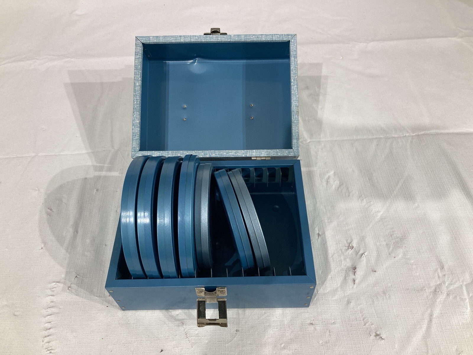 Blue Vintage Metal Film Reel Storage Tin With 7 Empty Reels