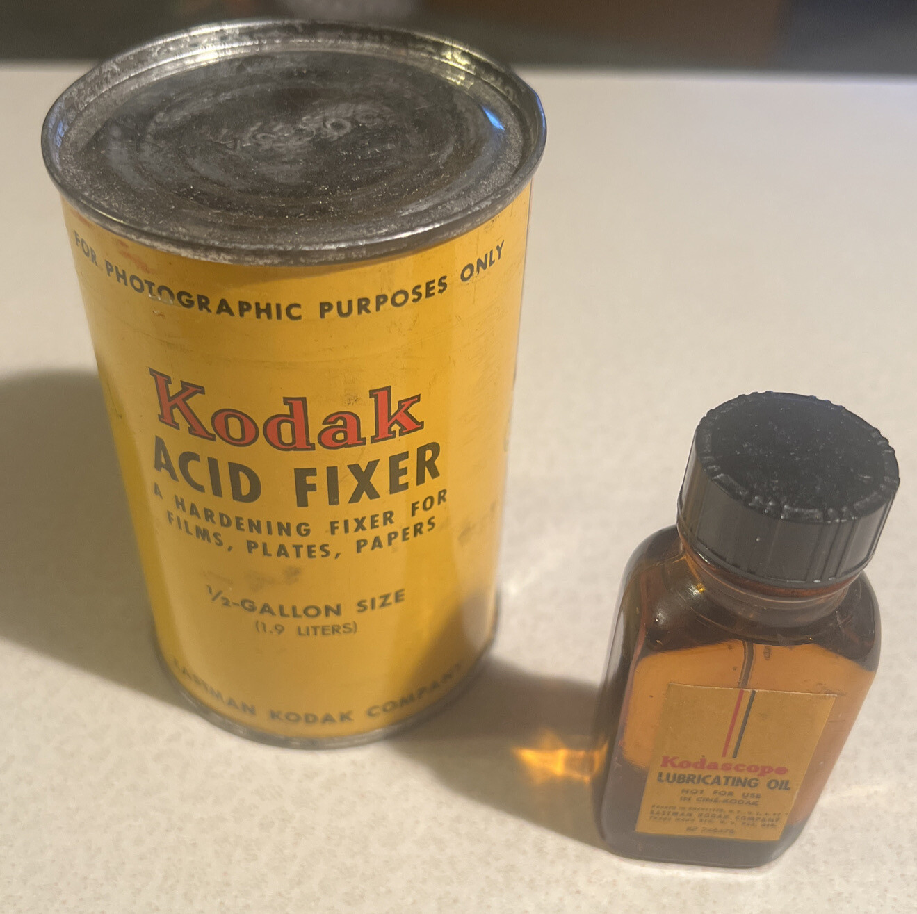 Vintage NOS Eastman Kodak Kodascope Lubricating Oil Bottle & Acid Fixer Can Full