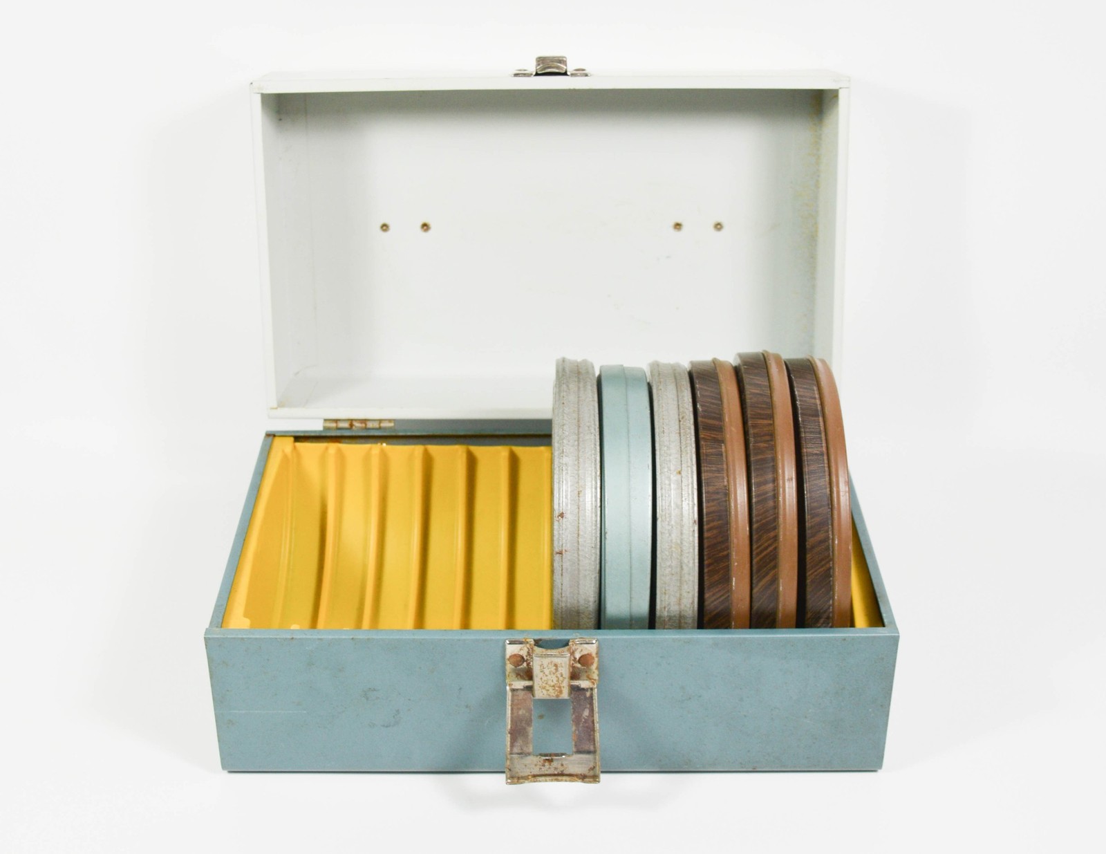 VTG SV Smith Victor Metal Blue Gray Case + 6 Empty Reel Film Cases 8mm Harwood
