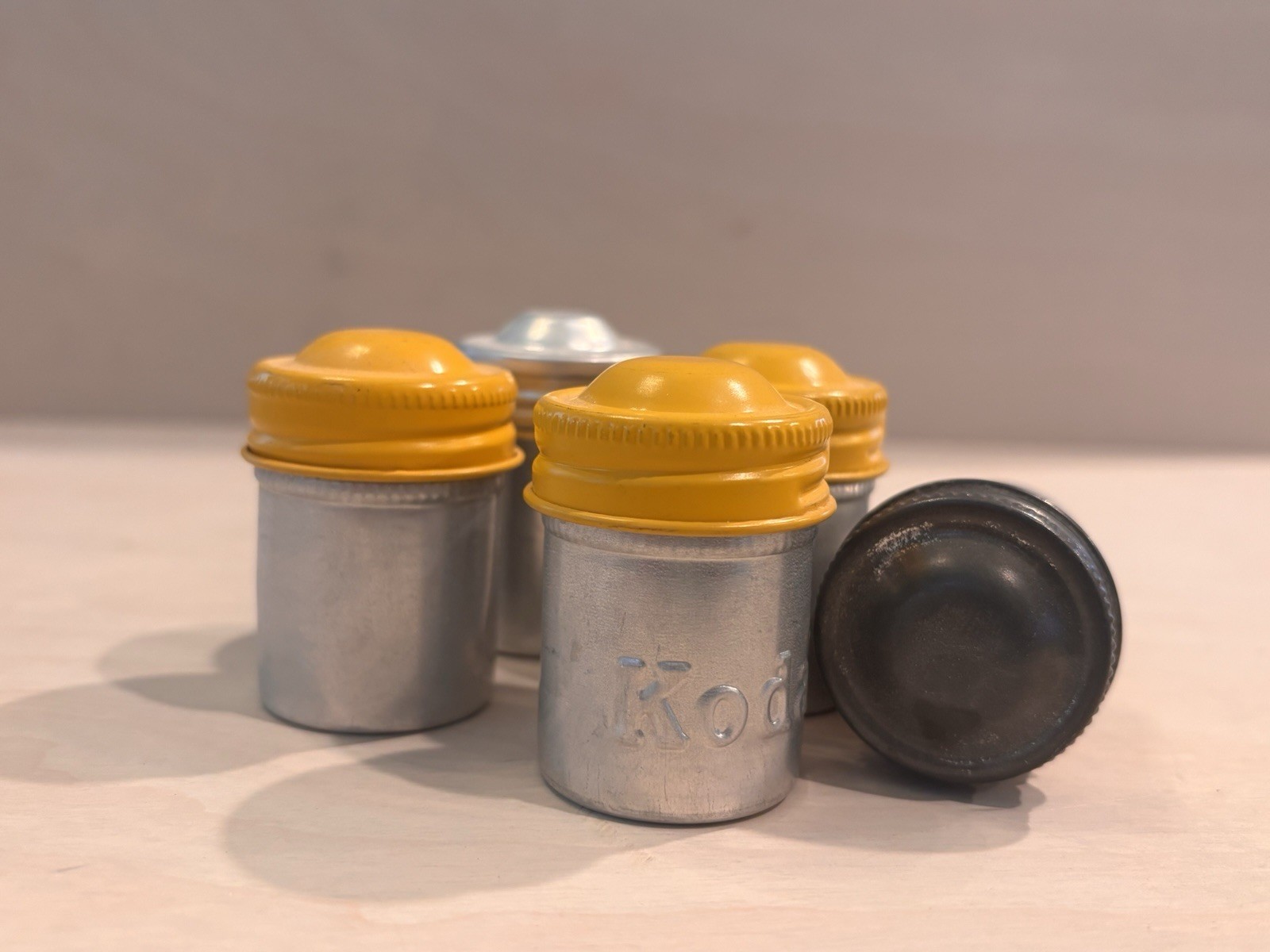 Kodak Vintage Metal Film Canisters Lot of 5 Yellow Silver Lids