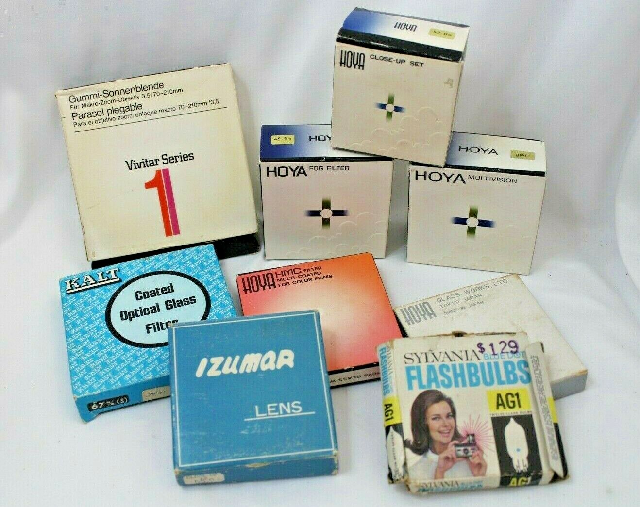 LOT OF VINTAGE CAMERA FILTERS, LENS, FLASHES AND ACCESSORIES -A