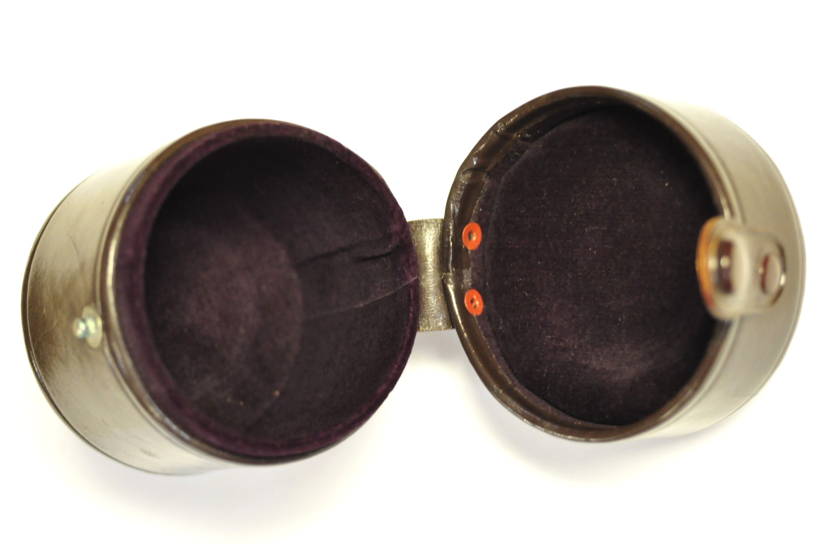 Nikon Nikkor brown leather lens case. Outside dim. 3 3/8″ D x 3 3/4″ H. READ.