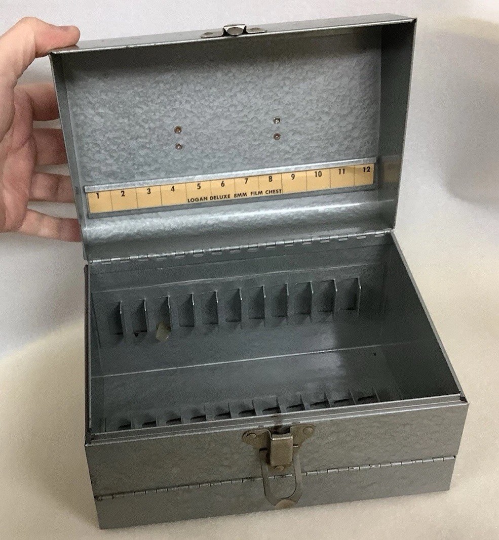 Vintage Industrial Mid Century Steel Logan Deluxe 8MM Film Chest Carrying Case