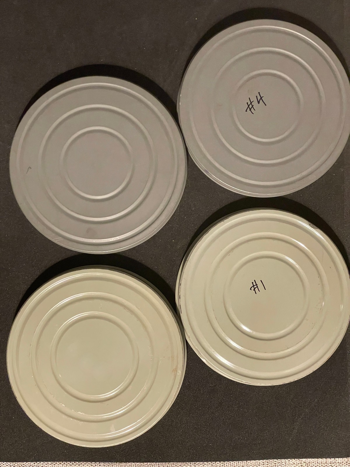 Lot Of 5 Vintage 7″ diameter 8mm Empty Film Reel Metal Cans + One Vintage Label