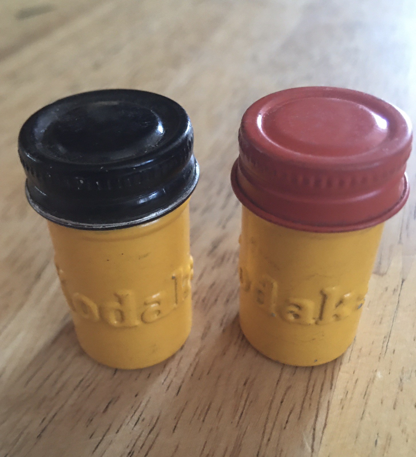 2 Vintage Kodak Metal Film Canisters Container Black Red Color Cap Embossed 35mm