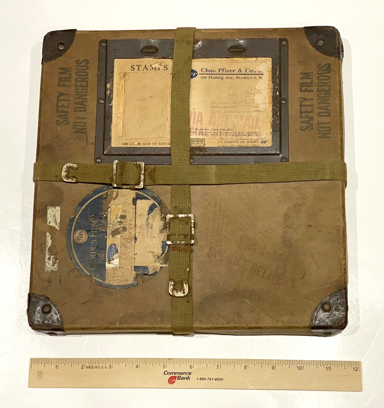 VTG PFIZER LABS FILMS Movie Reel Shipping Case Box w Straps Pharmaceutical Prop