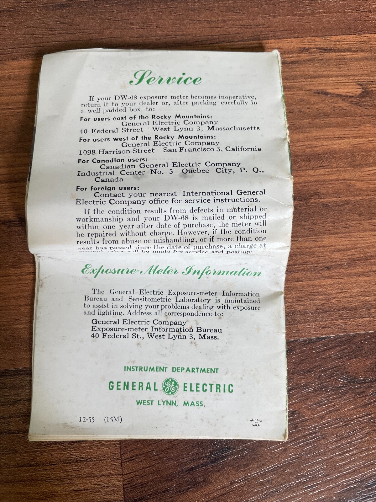 Vintage 1940s General Electric Light Exposure Meter DW-68 USA Case & Manual