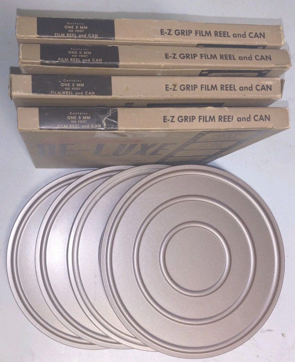 (4) Vintage Scherer 8mm 400 ft 7″ Film Reels W/Metal Cannisters Brown NEW IN BOX