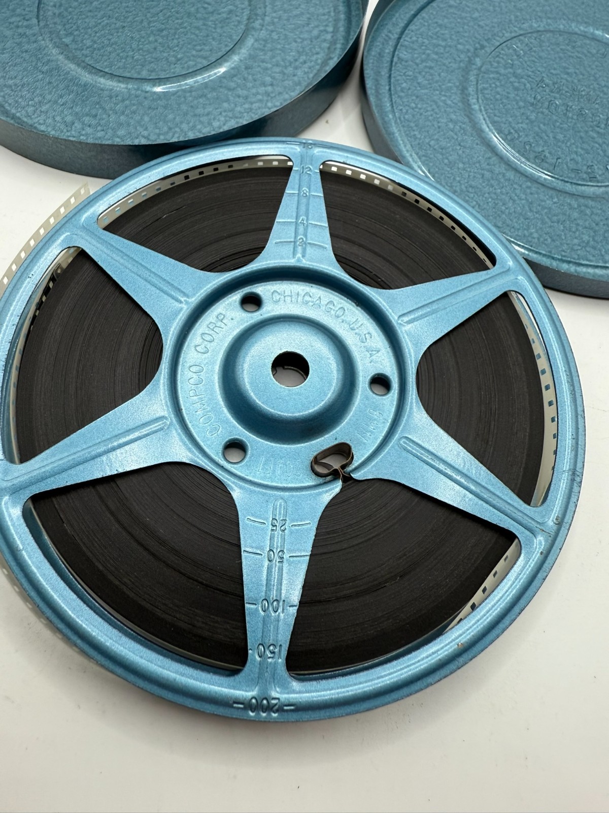 Vintage Teal Metal Film Can Canister 5 1/8″ Diameter & Film Reel
