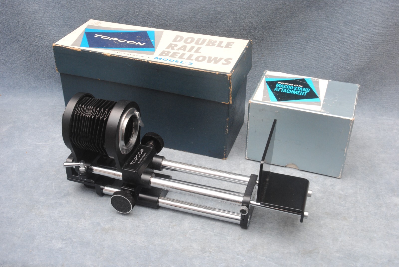 TOPCON DOUBLE RAIL BELLOWS III, MACRO STAGE & IB, BOXES, MADE IN JAPAN