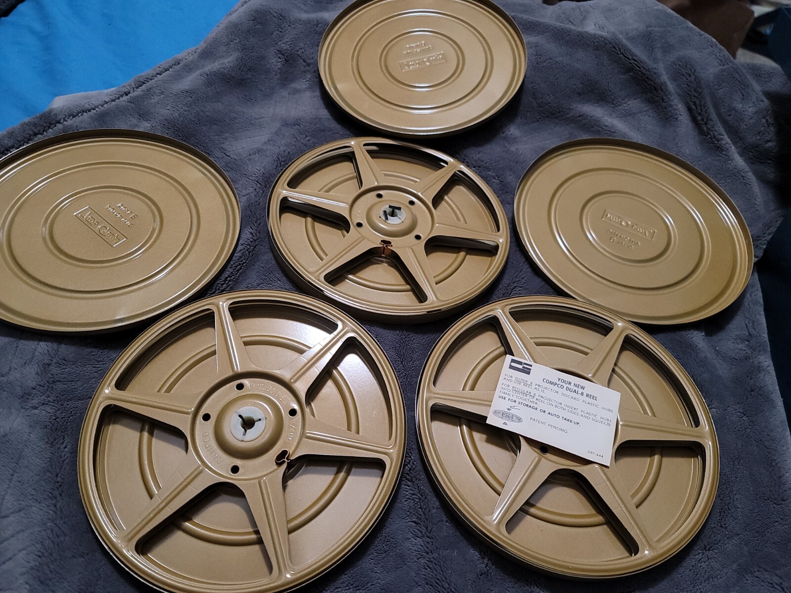 3 vintage movie tins two guys automatic dual 8mm 200ft compco corp 5×1/2″