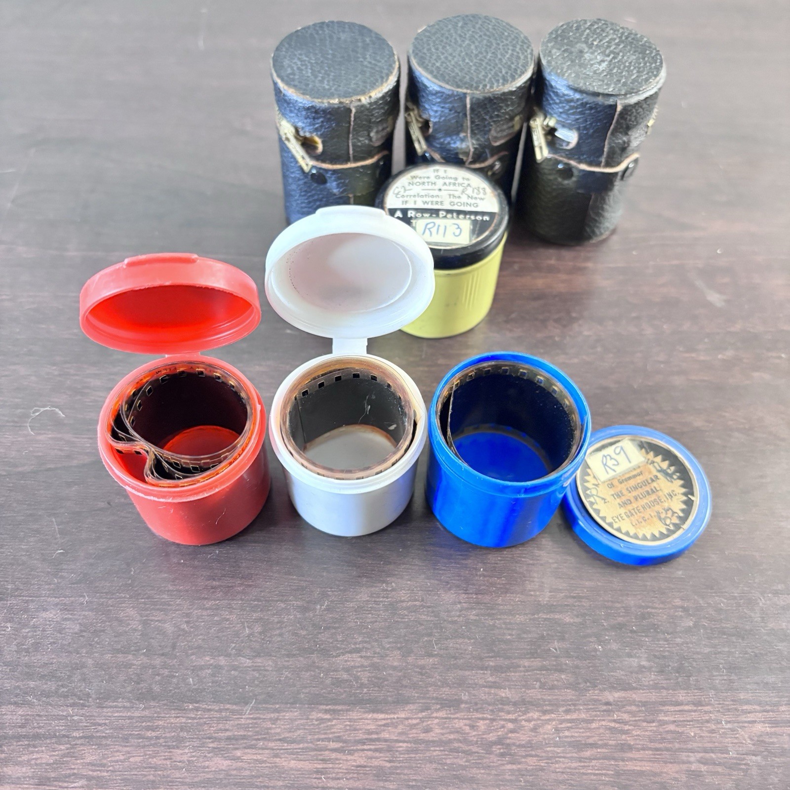 10 Vintage Metal Film Canisters Container Multi-Color Cap w/35mm Film *NOTES*