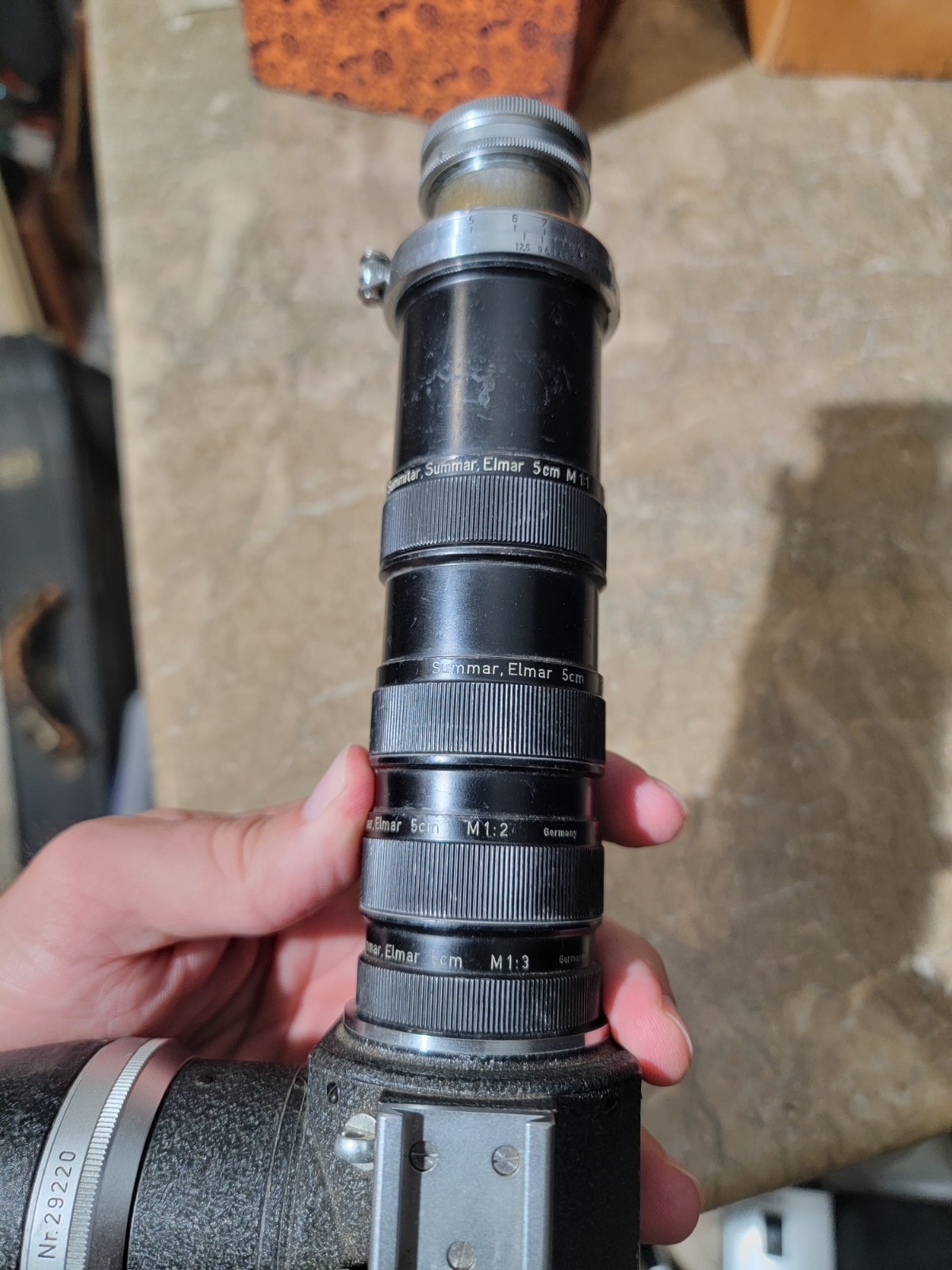 Leitz Wetzlar Microscope Camera Adapter w/ Summar Elmar 5cm Macro Lenses