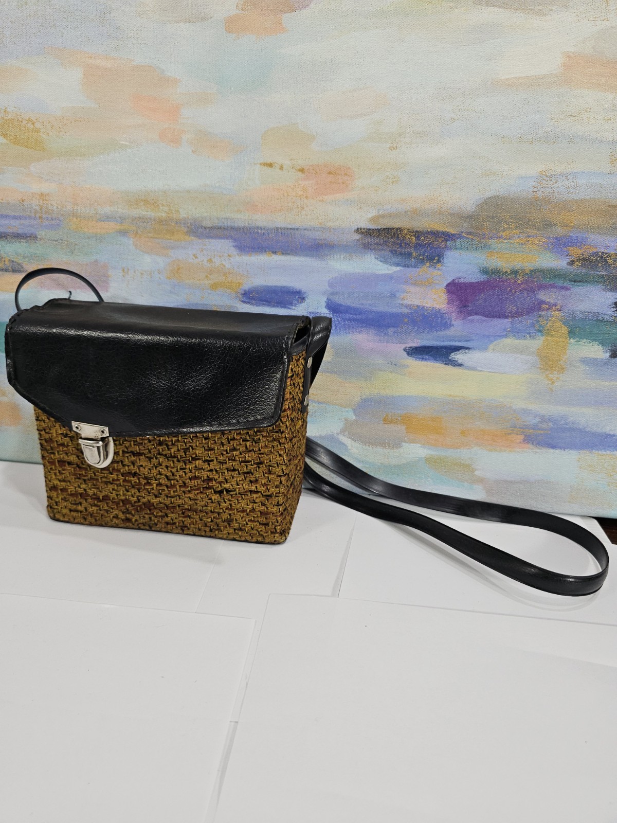Vintage Brown Tweed Weave Shoulder Small Camera Bag W/clasp