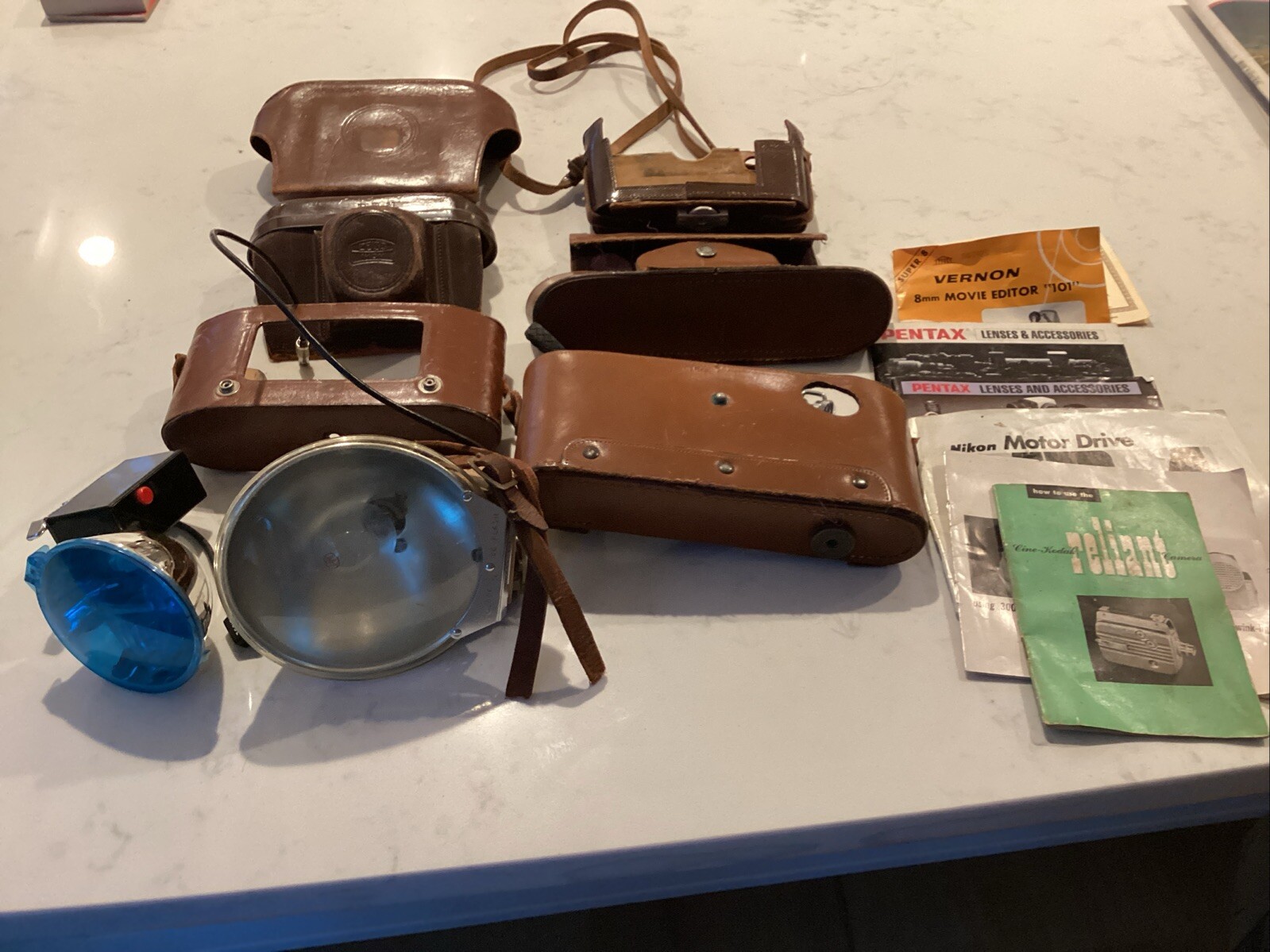 Lot of Assorted Vintage Camera Photography Equipment Flash Leather Cases Booklet