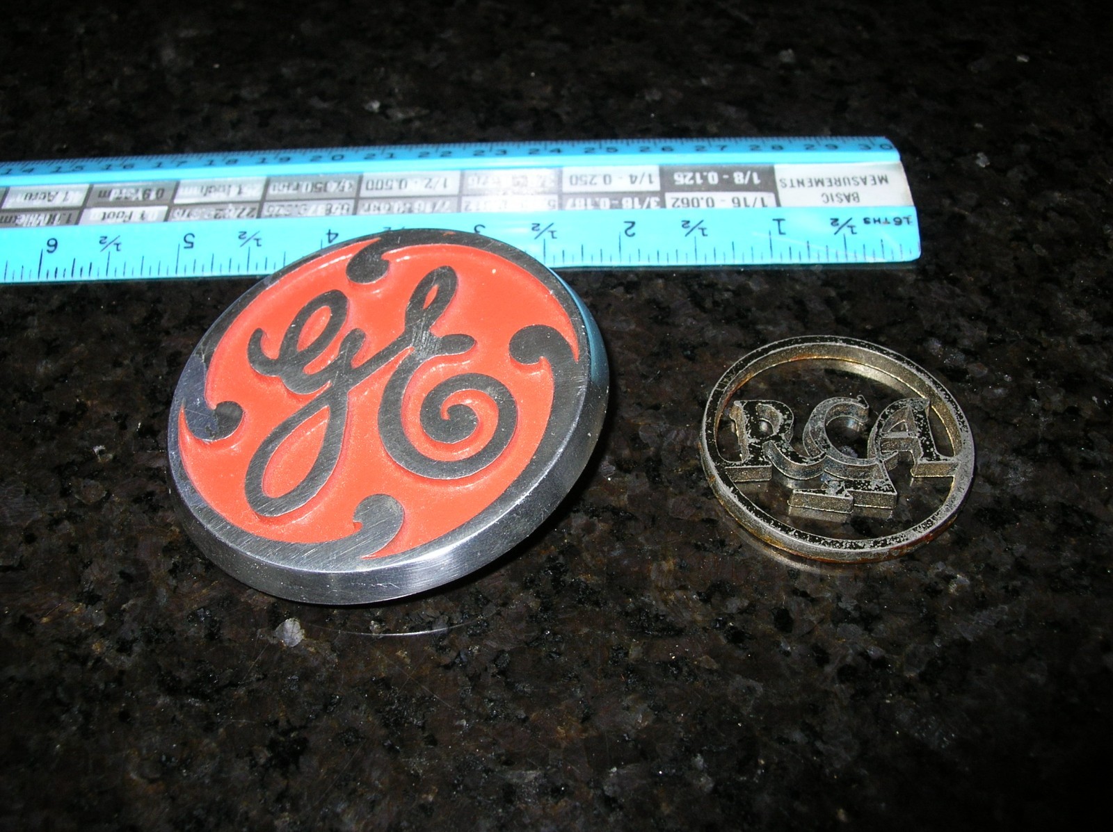 GE and RCA Broadcast Logos Metal Script Glue on Screw on Castings
