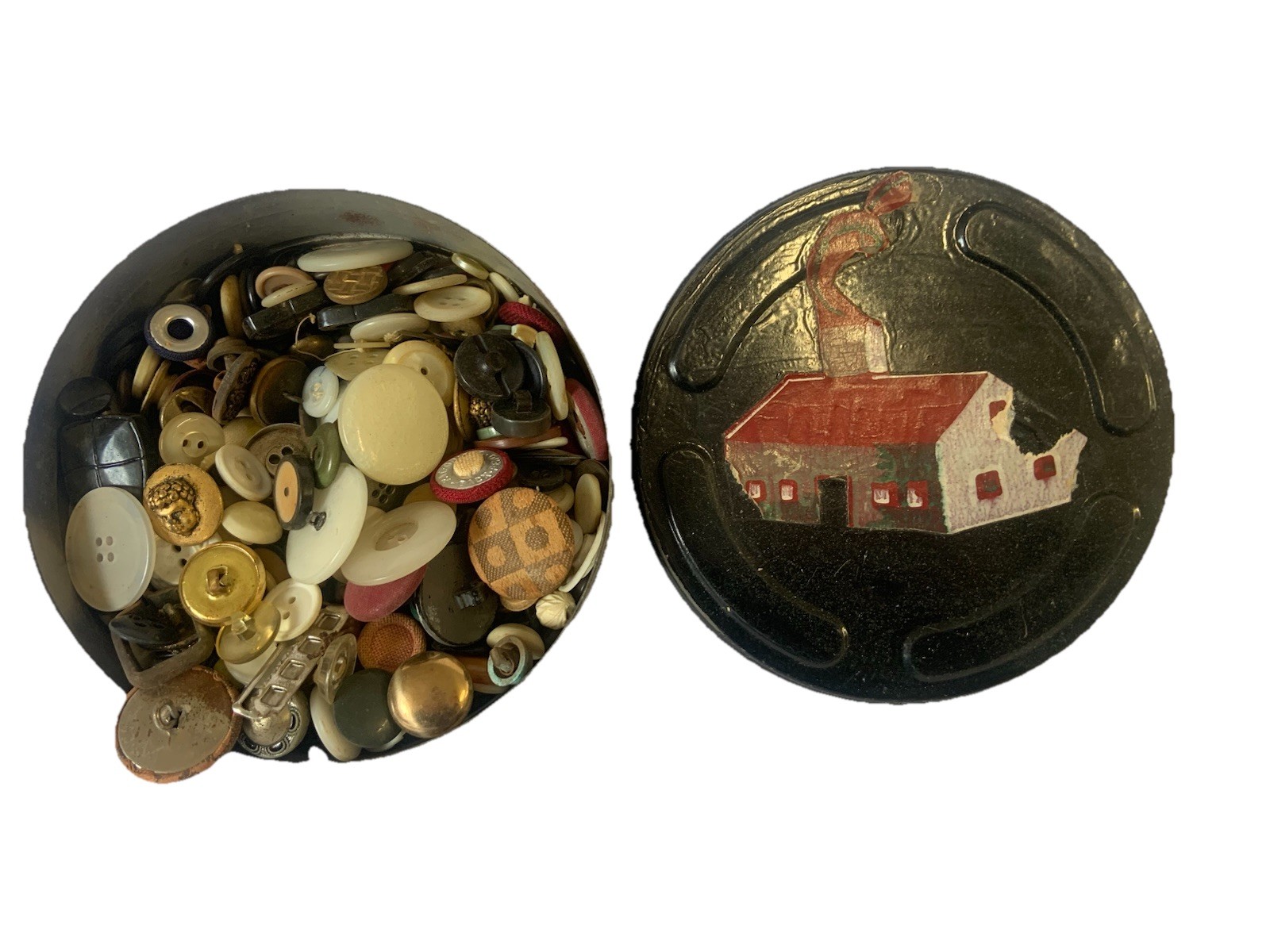 Vintage Early 1900’S DUPONT Movie Film Motion Picture Can Tin w/Antique Buttons