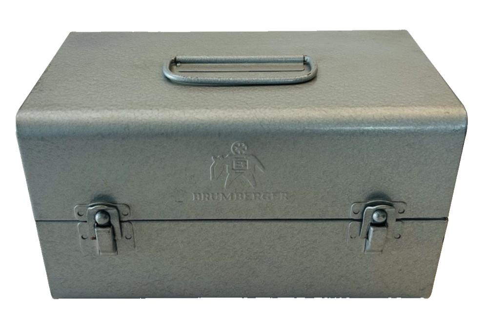 Vtg Brumberger Metal Film Reel Case Chest W/ 5 Scherer Reels & 5 Wards Cans USA
