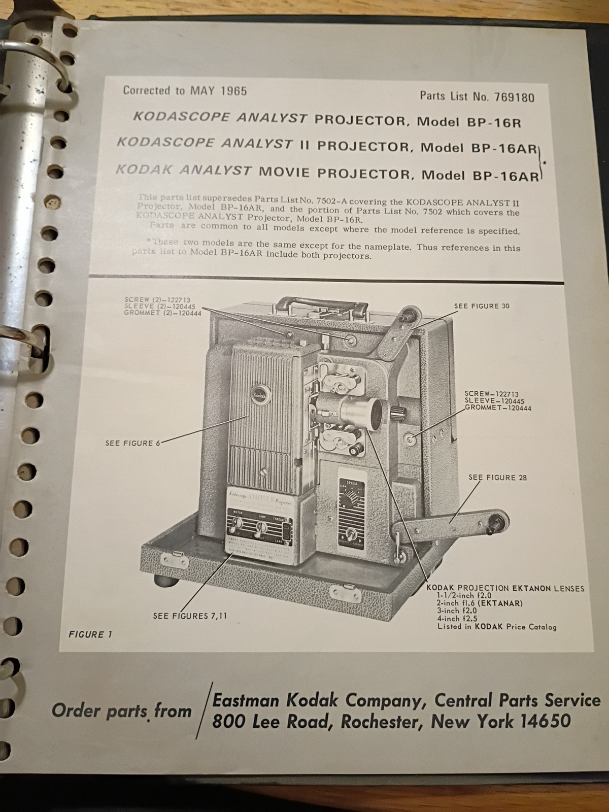 Kodak Movie Projector Book Models BP- 16R / 16AR / Analyst II BP-16AR