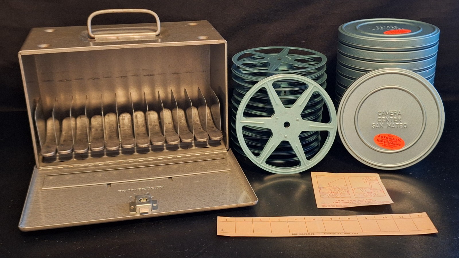 Brumberger 8mm 5″ 12 Reel Film Storage Cabinet Case Box Ejector w Reels & Cans