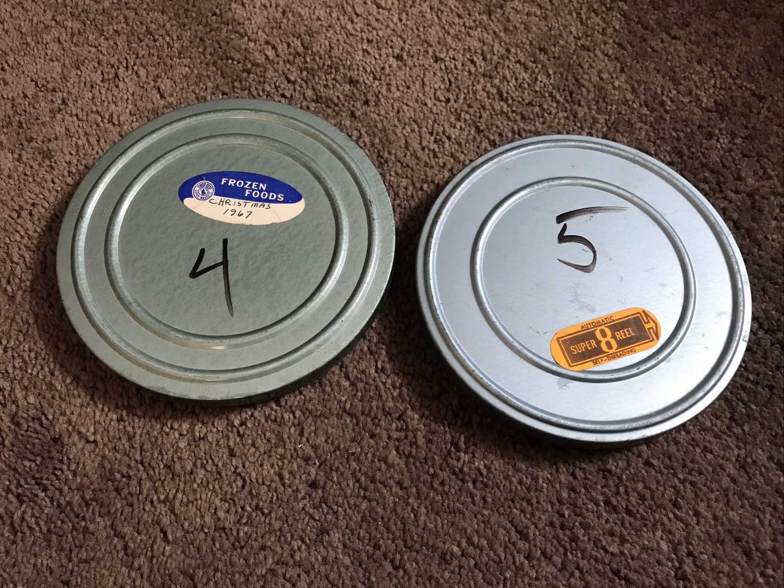 (2) Vintage 8mm (1) Green and (1) Blue 5”Film Reel Canisters Unbranded w/Reel