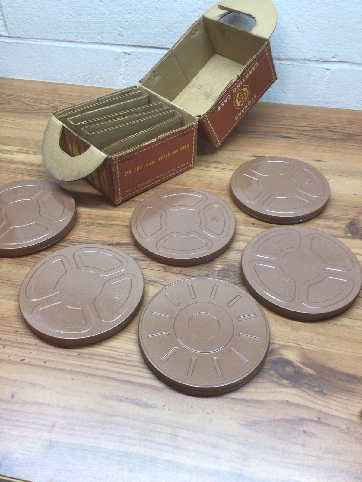 Goldberg 8mm 200ft Brown Metal 5″ Film Reel & Canister 6pc w Storage Carry Case