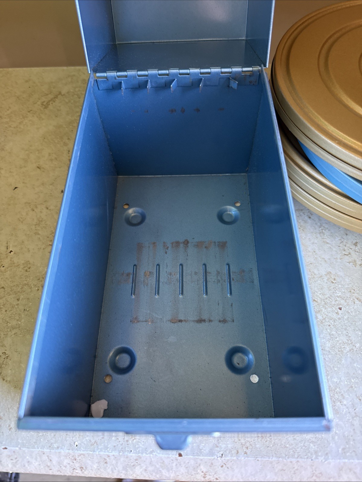 Vintage Compco Film Carrying Case with Reels and Tins Blue & Gold 7.875×7.5×4.4”