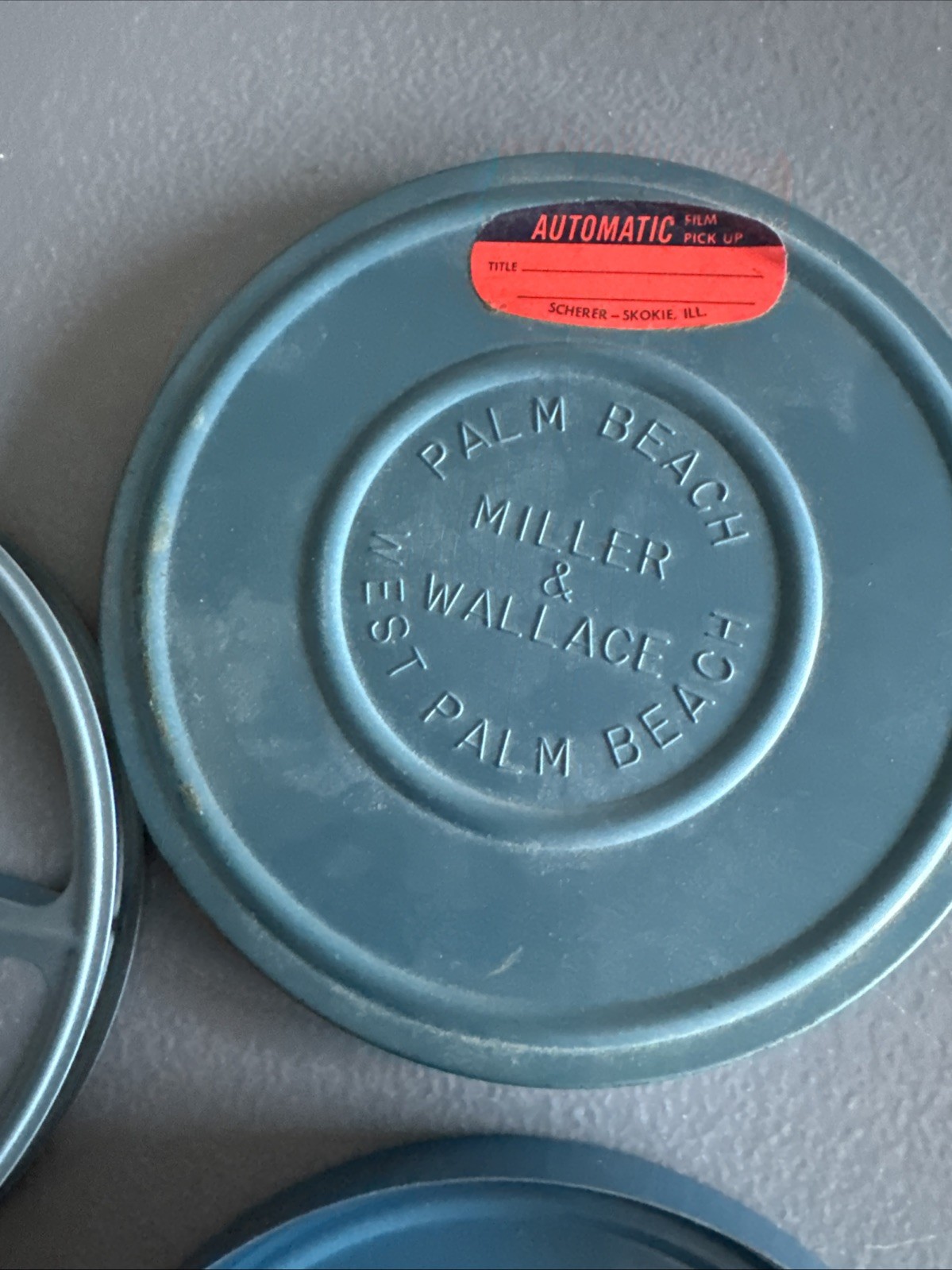 Vintage Film Take Up Metal Reel w/Canister Marked Palm Beach Miller Wallace