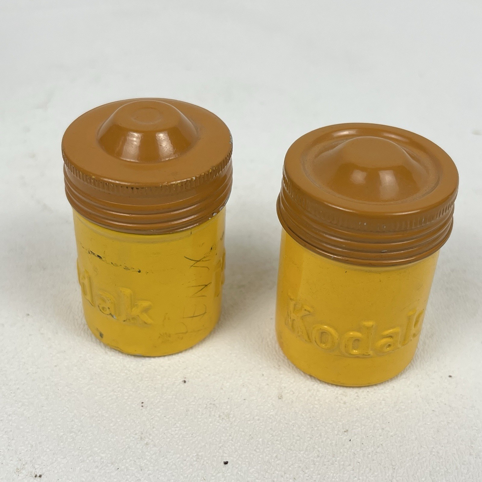 Vintage Kodak 35mm Aluminum Film Canister Screw Lid Yellow Tan Pair