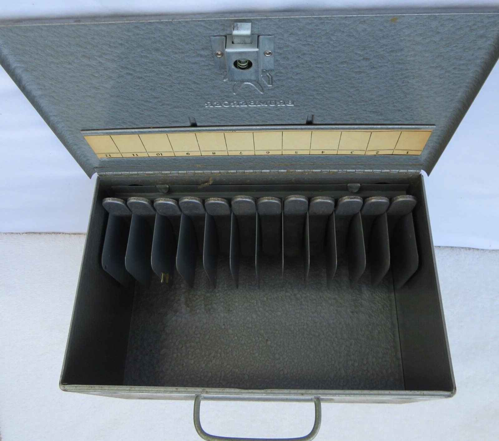 MCM Vintage Brumberger 8mm Metal Film Storage Box With 12 Slots and Paper Ad