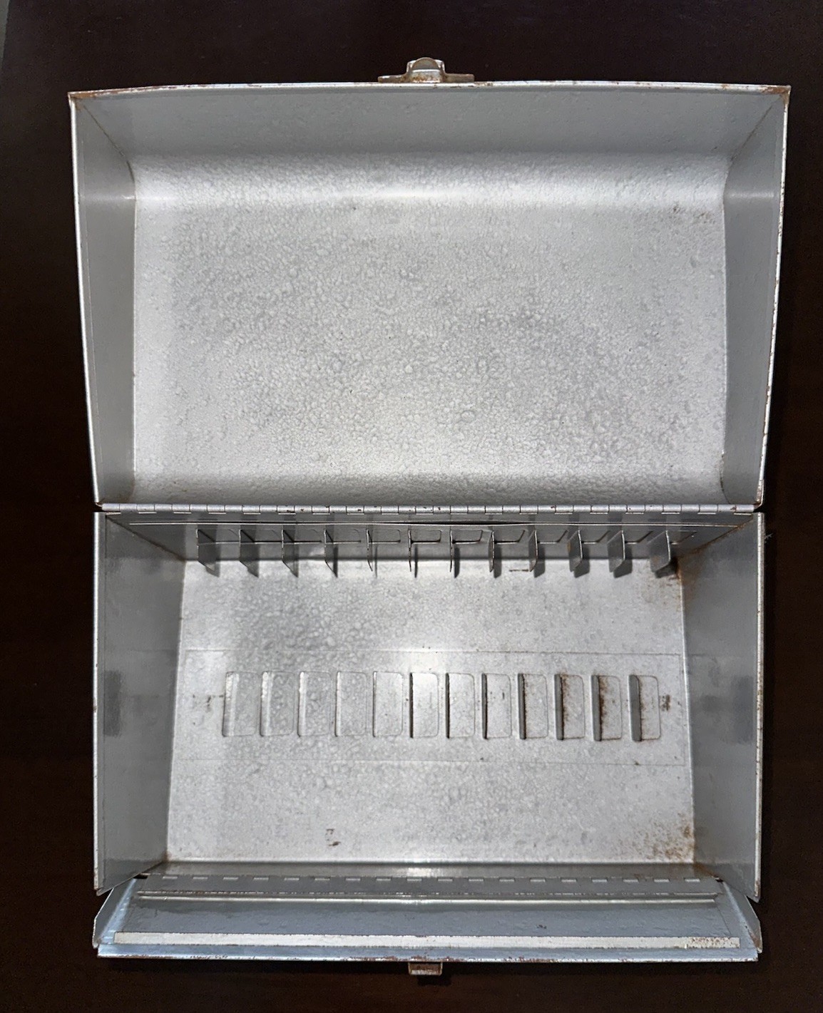 Metal Box Movie 8mm Film 12 Reel Holder Carrying Case 9 1/2” X 5 1/2” X 5 1/2”